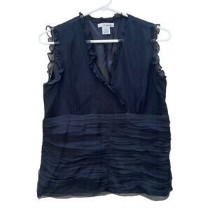 WD NY Black Sleeveless Top Ruffle Pleated V-Neck Side Zip 100% Silk Women's 8